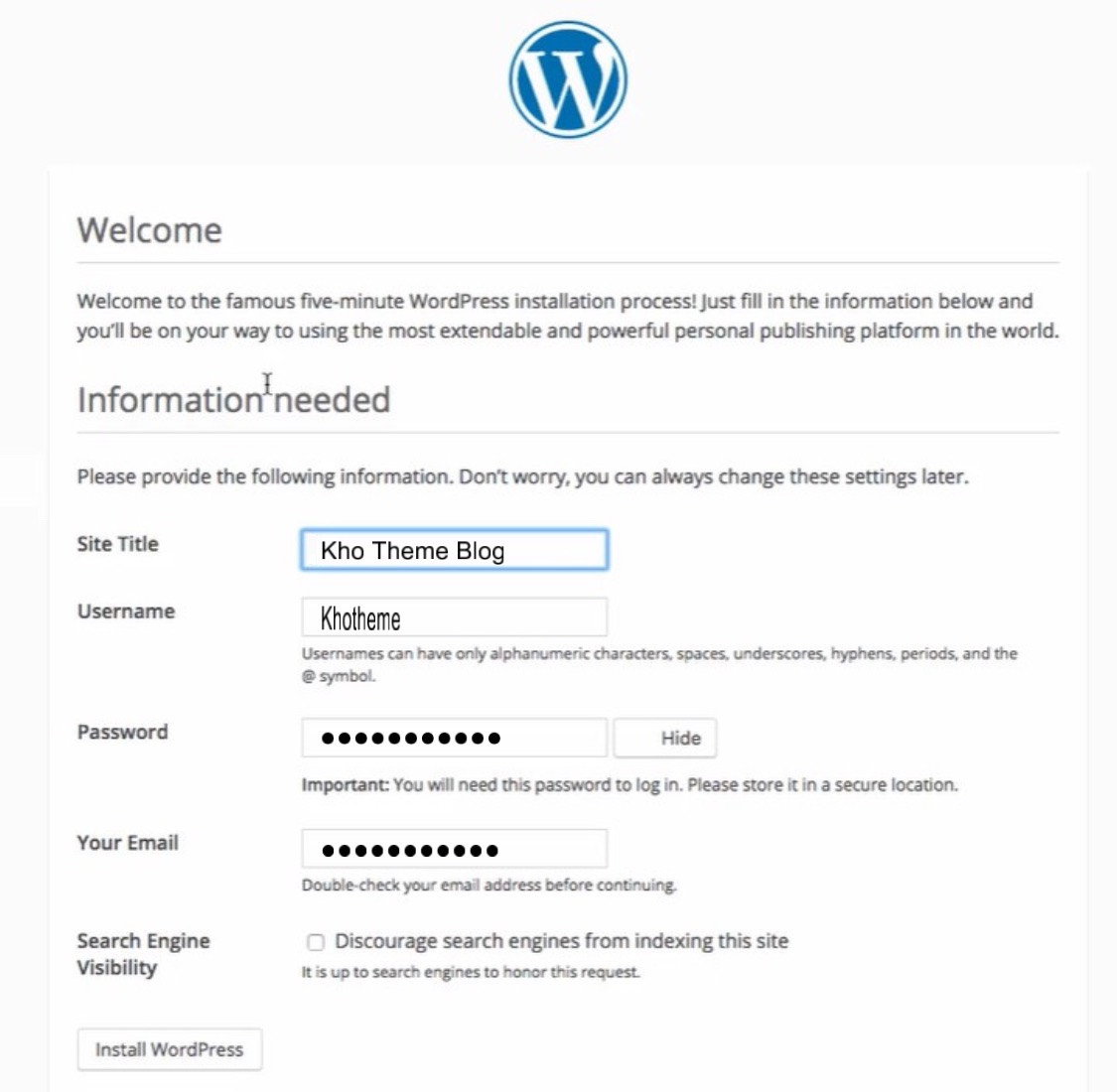Nhấn Install WordPress