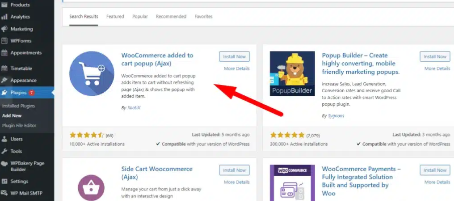 Tìm và cài đặt plugin WooCommerce added to cart popup